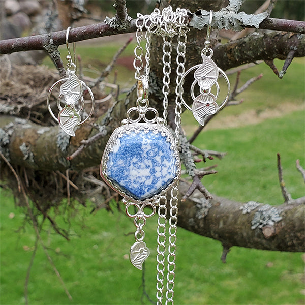 Porcelain and Silver Pentagon Pendant with  Swirl Earrings