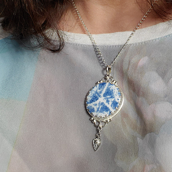 Porcelain and Silver Round Pendant with Matching  Hand Stamped Earrings