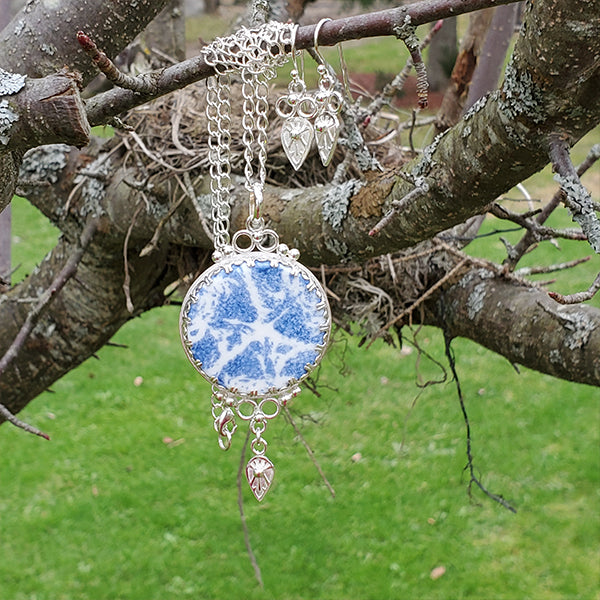 Porcelain and Silver Round Pendant with Matching  Hand Stamped Earrings