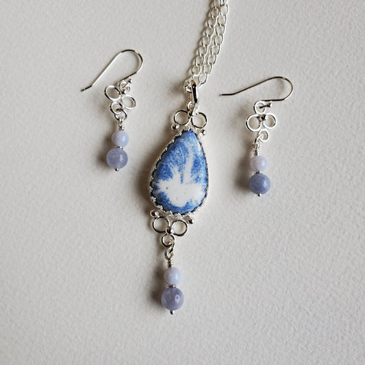 Sterling Silver Earring and Pendant set featuring One of a Kind Handmade porcelain teardrop focal cabochon and Blue Lace Agate and Blue Quartz Beads. This wonderfully unique gift set features the use of the the art form of Transferware and was inspired by antique shipwrecked tableware shards. Set includes a complimentary 22 inch Sterling Silver Chain.