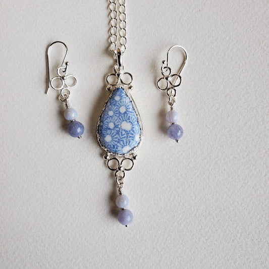 Sterling Silver Earring and Pendant set featuring One of a Kind Handmade porcelain teardrop focal cabochon and Blue Lace Agate and Blue Quartz Beads. This wonderfully unique gift set features the use of the the art form of Transferware and was inspired by antique shipwrecked tableware shards. Set includes a complimentary 22 inch Sterling Silver Chain.