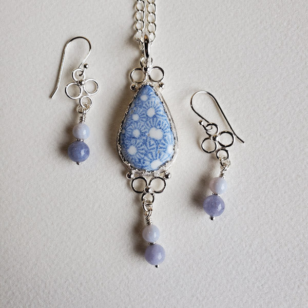 Porcelain and Silver Teardrop Pendant 2 with Matching Earrings