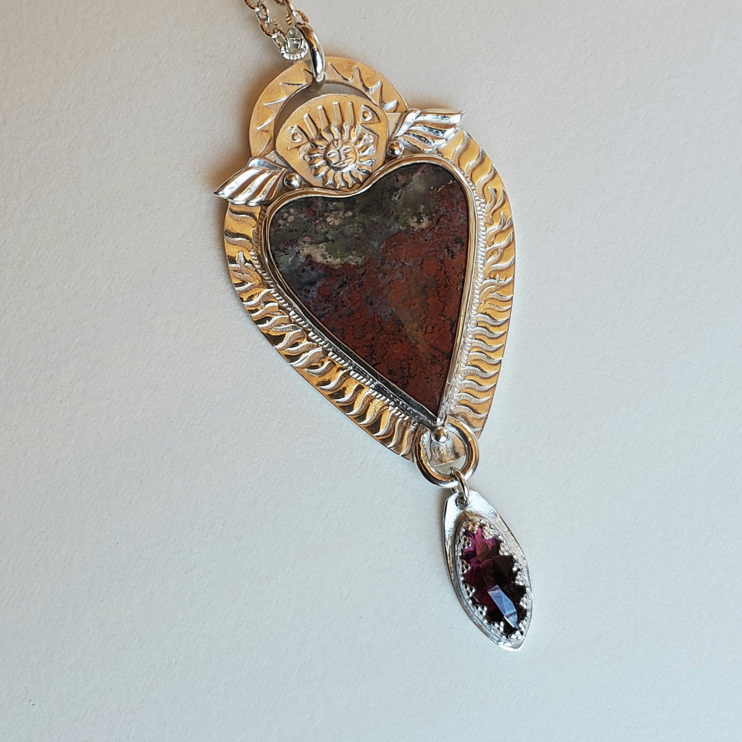 Heart and Heros Pendant D With Moss Agate and Garnet