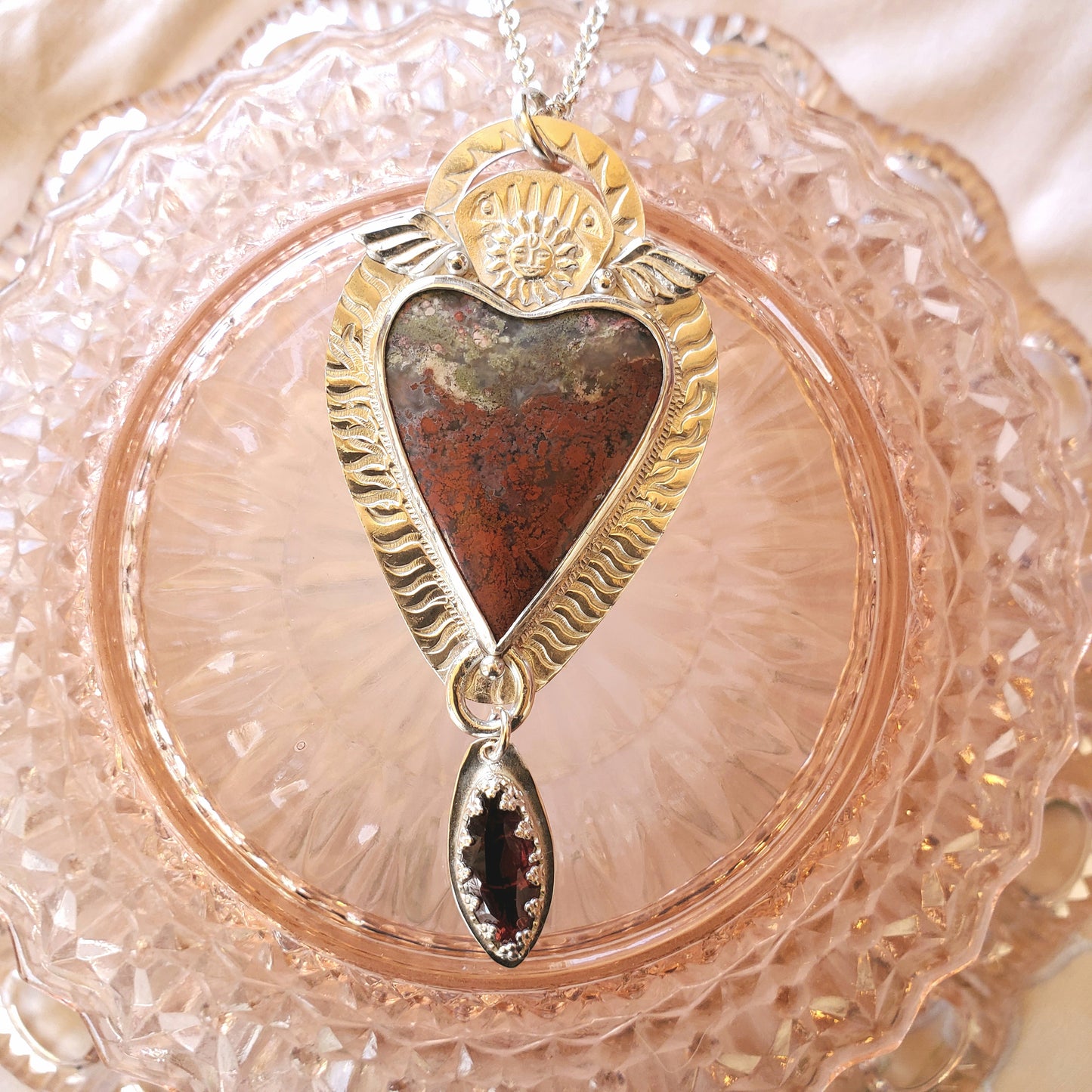 Heart and Heros Pendant D With Moss Agate and Garnet