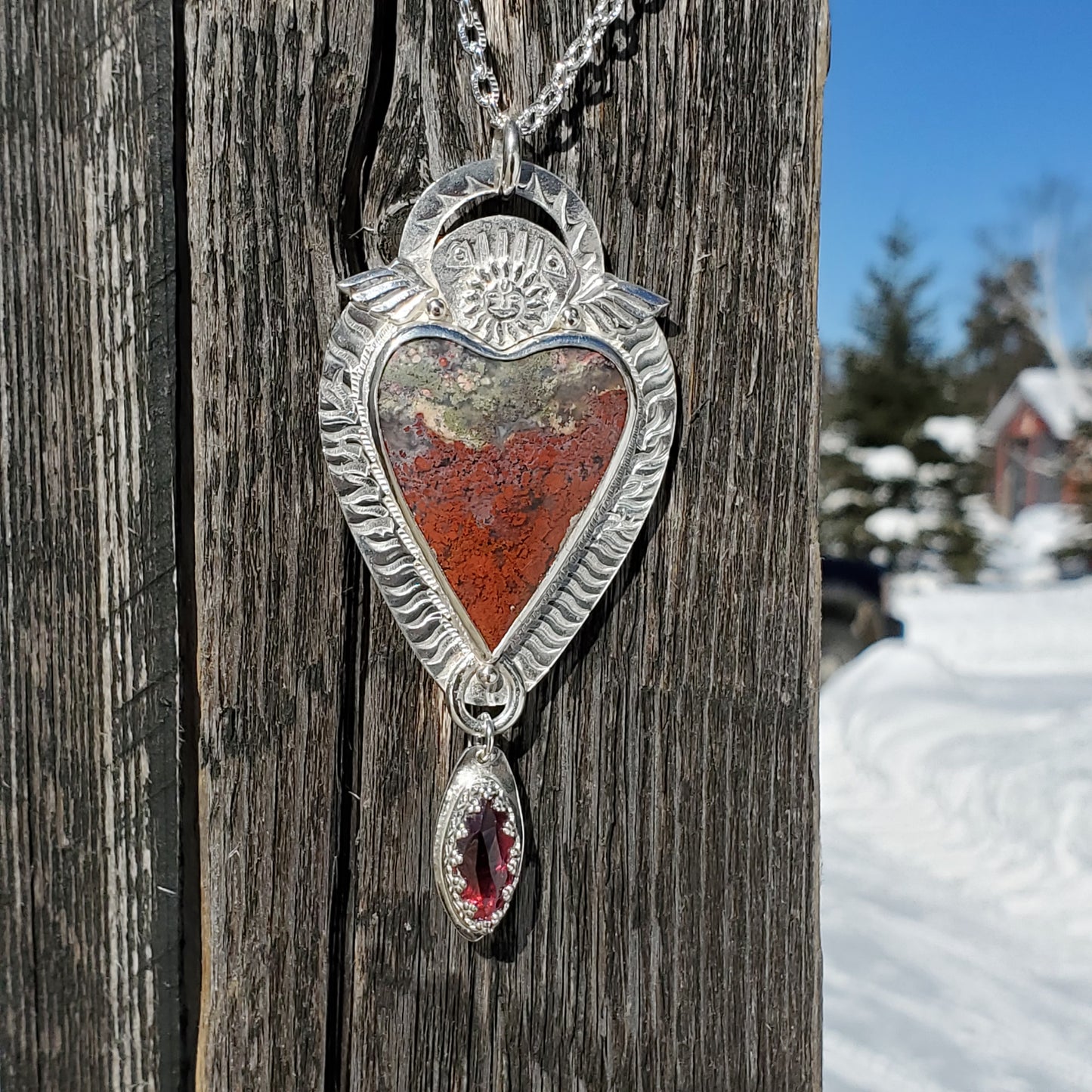 Heart and Heros Pendant D With Moss Agate and Garnet