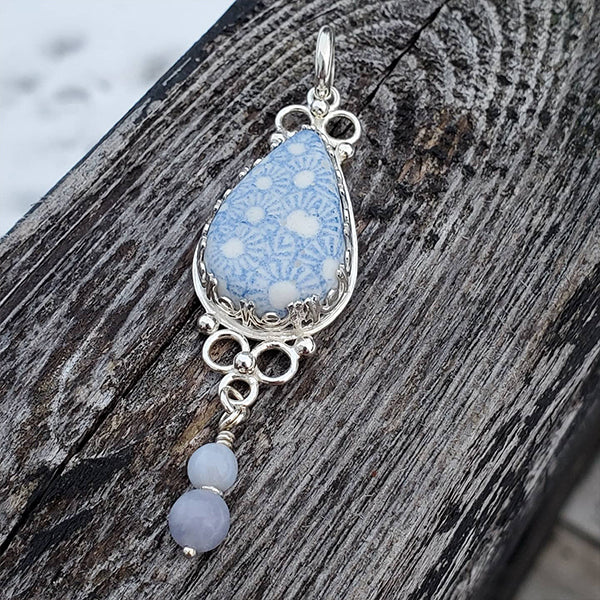 Porcelain and Silver Teardrop Pendant 2 with Matching Earrings